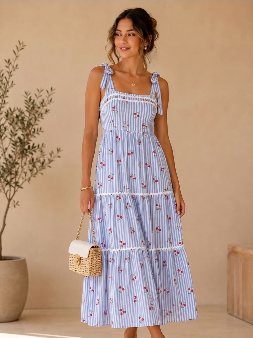NWT Rachel Zoe Blue Stripe Cherry Print Tiered Maxi Dress Size 4 Mommy & Me